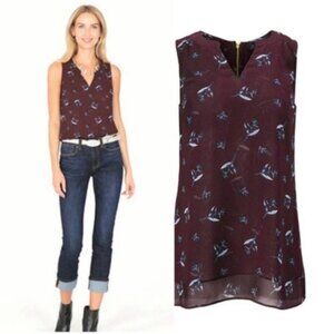 Cabi 3444 Icy Floral Bouquet Blouse Merlot Burgundy Sleeveless Top Size Large